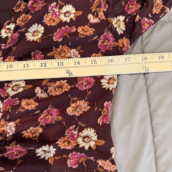 Live to be Spoiled Gauzy Ruched Dress Bordeaux Wine Floral Button Front Medium - Picture 9 of 12